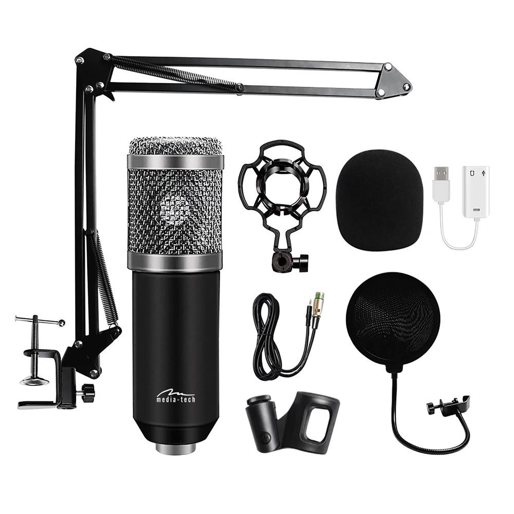 Mikrofon pojemnościowy, studyjny z zestawem akcesoriów STUDIO AND STREAMING MICROPHONE MT397S (Srebrny)