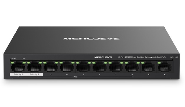 Przełącznik Mercusys 10-Port 10/100Mbps Desktop Switch with 8-Port PoE+     PORT: 8× 10/100 Mbps PoE+ Ports, 2× 10/100 Mbps Non-PoE Ports MS110P      