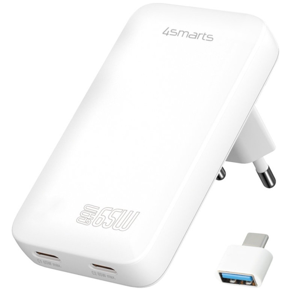 Ładowarka sieciowa FlatPlug 65W GaN Dual 2xUSB-C Biała 