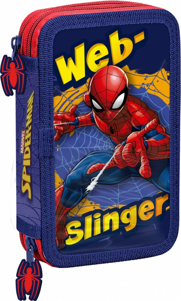 Piórnik dwukomorowy z wyposażeniem Spiderman czerwony-niebieski