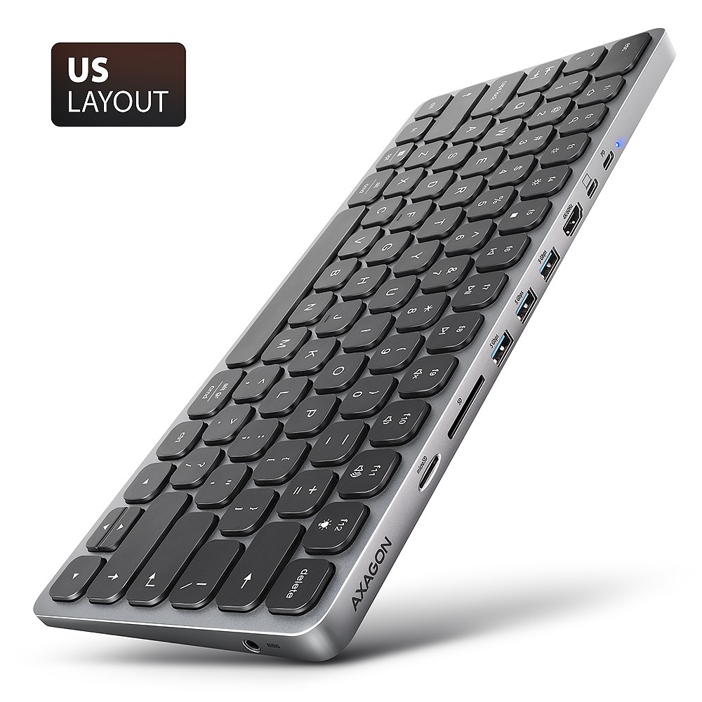 HMC-KB-US Klawiatura USB-C 5Gbps z wieloportowy hub 9in1, SD/microSD, 3x USB-A, HDMI 4K/60Hz, PD 100W, Audio, US layout, 60cm USB-C kabel