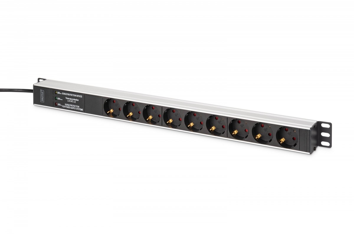 Listwa zasilająca PDU Rack (620mm) z zabezpieczeniem przeciwprzepięciowym + filtr EMI/RFI, 9 gniazd Schuko CEE 7/3 (45°), kabel 2m wtyk Unischuko CEE 