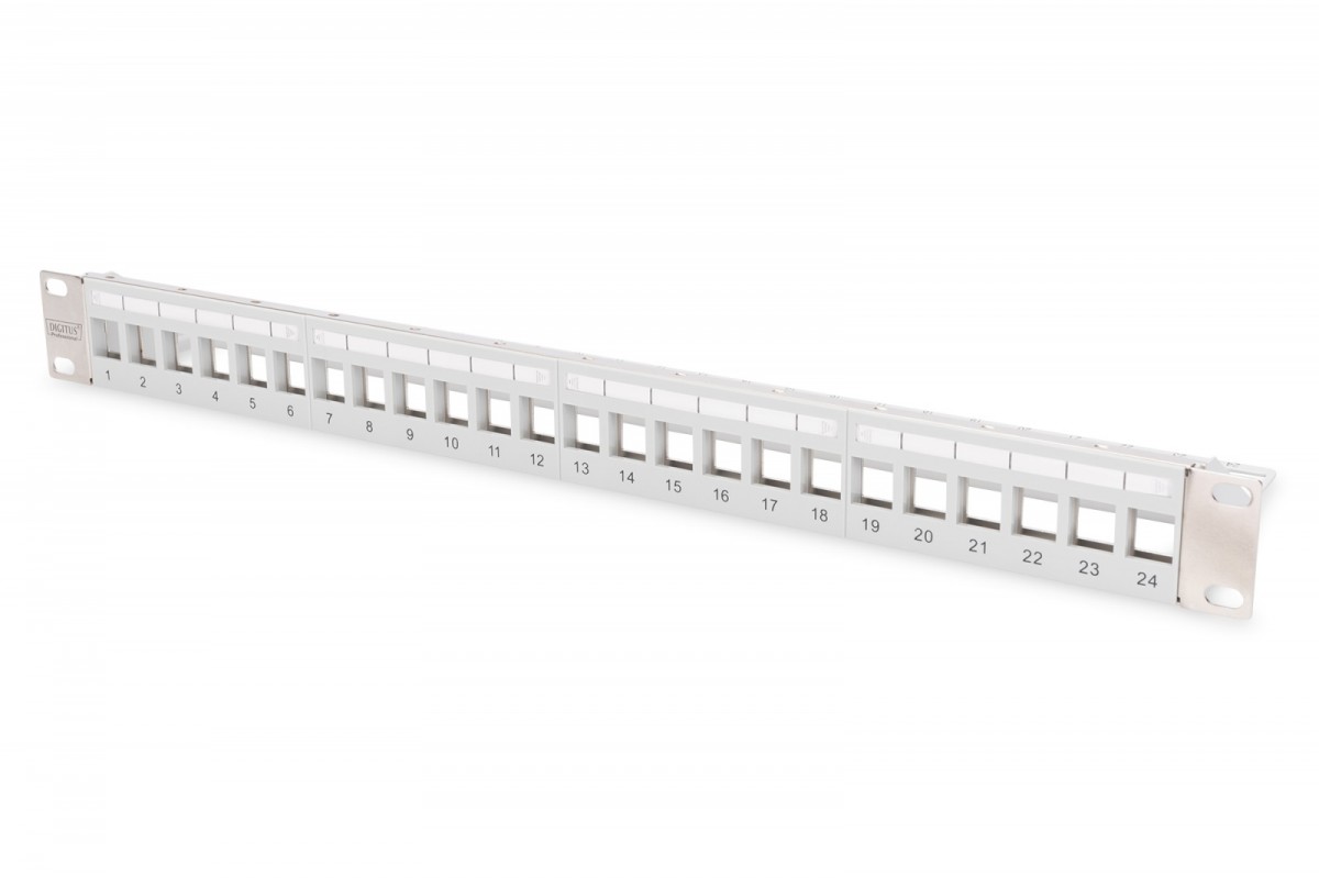 Panel krosowy (patch panel) modularny 19" 24 porty pod moduły keystone, 1U, ekranowany, prowadnica kabli, wymienne pola opisowe Szary