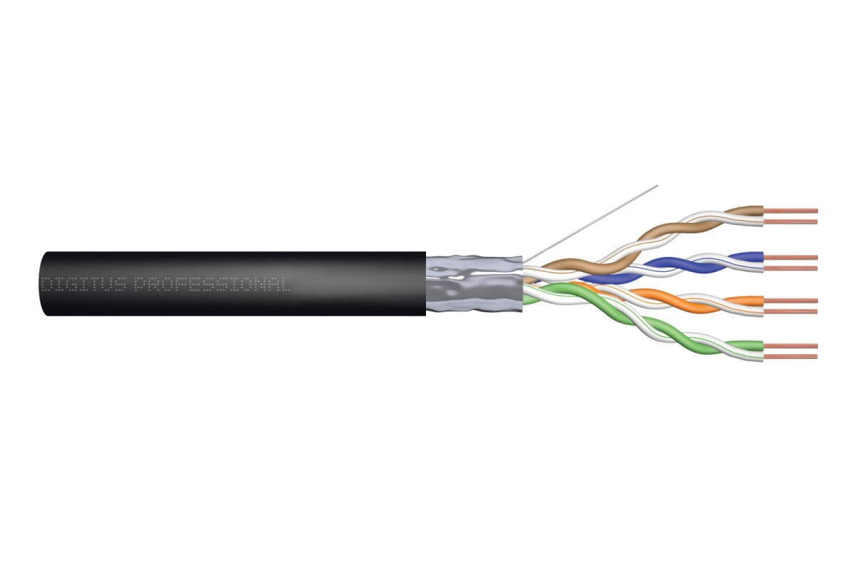 Kabel teleinformatyczny instalacyjny zewnętrzny żelowany kat.5e, F/UTP, Fca, drut, AWG24/1, PE, 305m, szpula czarny 
