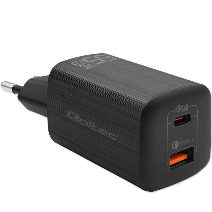 Ładowarka sieciowa 65W GaN ULTRA | 5-20V | 2.25-3.25A | 1 x USB  typ C PD | 1 x USB | Czarna 