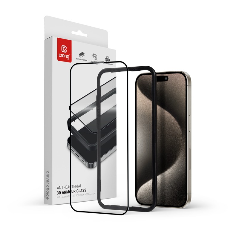 Szkło hartowane Anti-Bacterial 3D Armour Glass 9H na cały ekran iPhone iPhone 15 Pro z ramką instalacyjną
