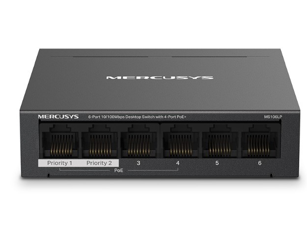 Przełącznik Mercusys 6-Port 10/100 Mbps Desktop Switch with  4-Port PoE+    PORT: 4× 10/100 Mbps PoE+ Ports, 2× 10/100 Mbps Non-PoE Ports MS106LP     