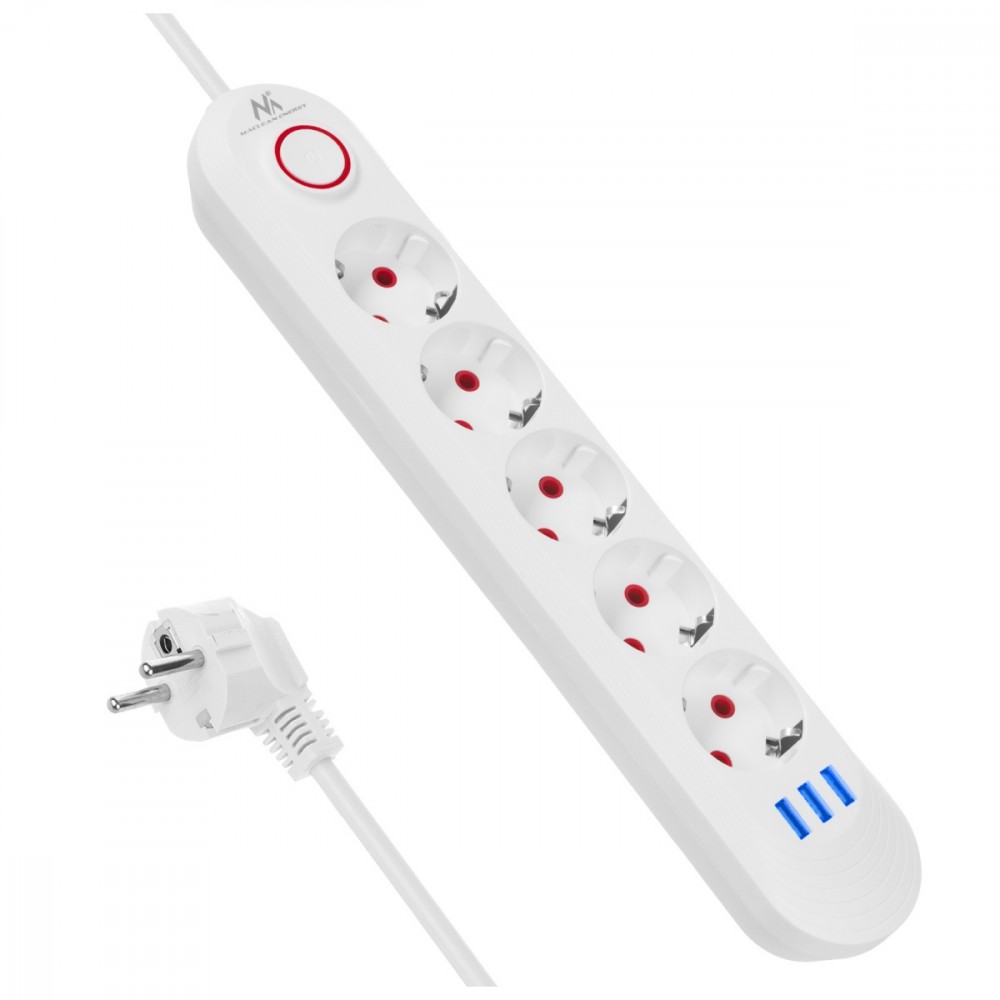 Listwa zasilająca 5 gniazd MCE395 W 3xUSB, 110-240v AC 50/60Hz, 2,1A max 2500W, biała