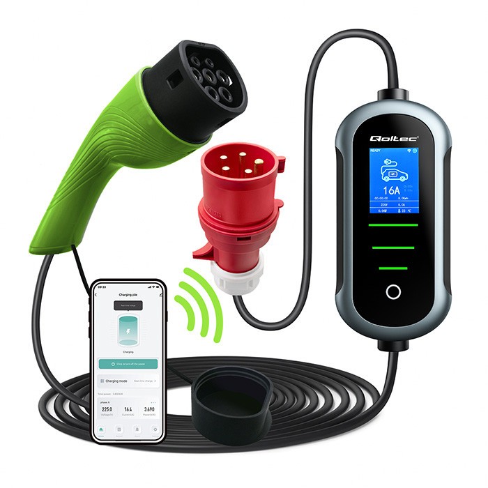 Mobilna ładowarka do samochodu elektrycznego EV z regulacją 2w1  Typ2 | 22kW | 400V | Wi-Fi | TUYA | SMART LIFE | LCD | Wallbox | 7m 