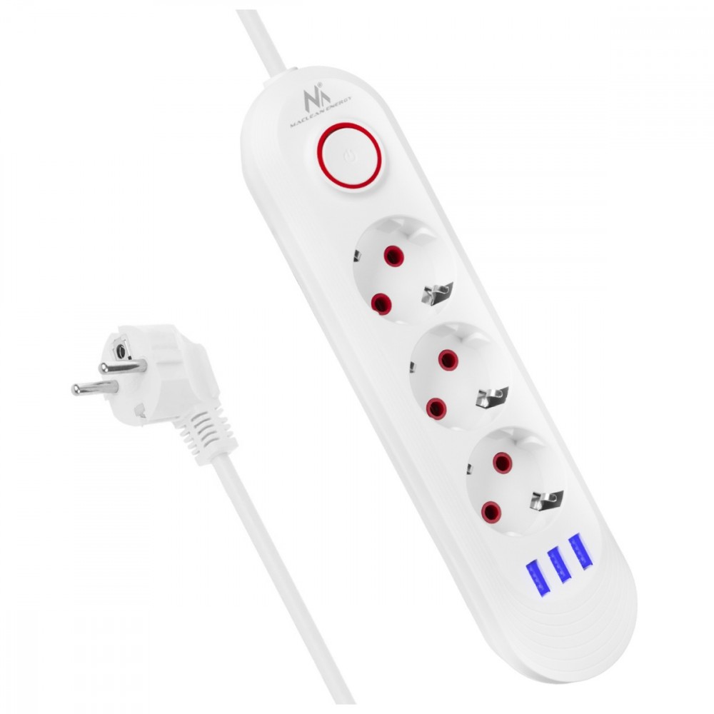 Listwa zasilająca MCE394 W 3 gniazda 3xUSB, 110-240V AC 50/60, 2.1A max 2500W, biała 