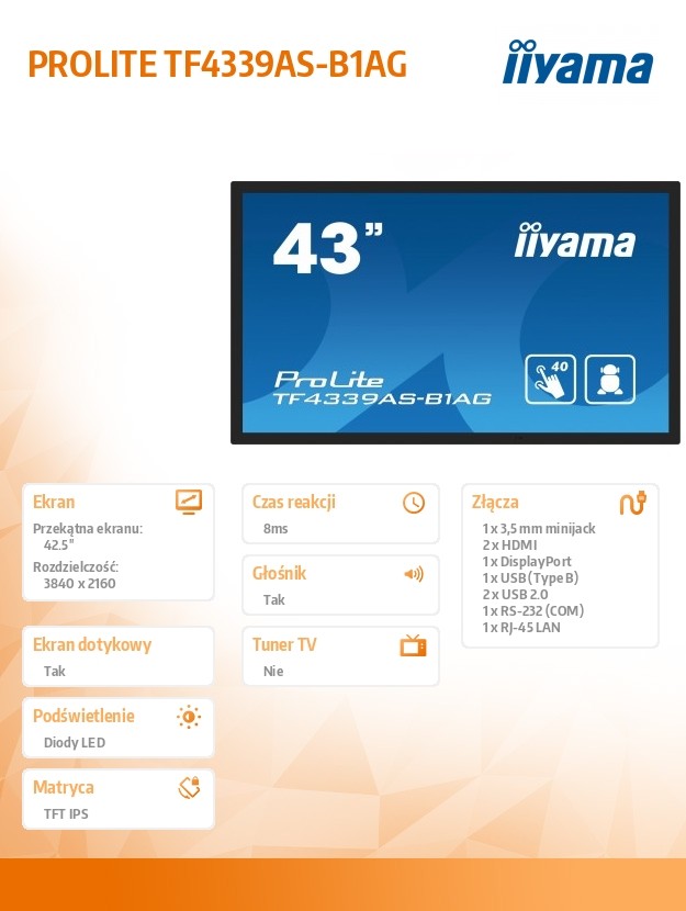 Monitor 43 cale TF4339AS-B1AG,IPS,4K,HDMIx2,DP,RJ45,3xUSB,40pkt,      ANDROID,24/7 