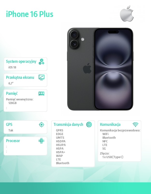 iPhone 16 Plus 128GB - Czarny