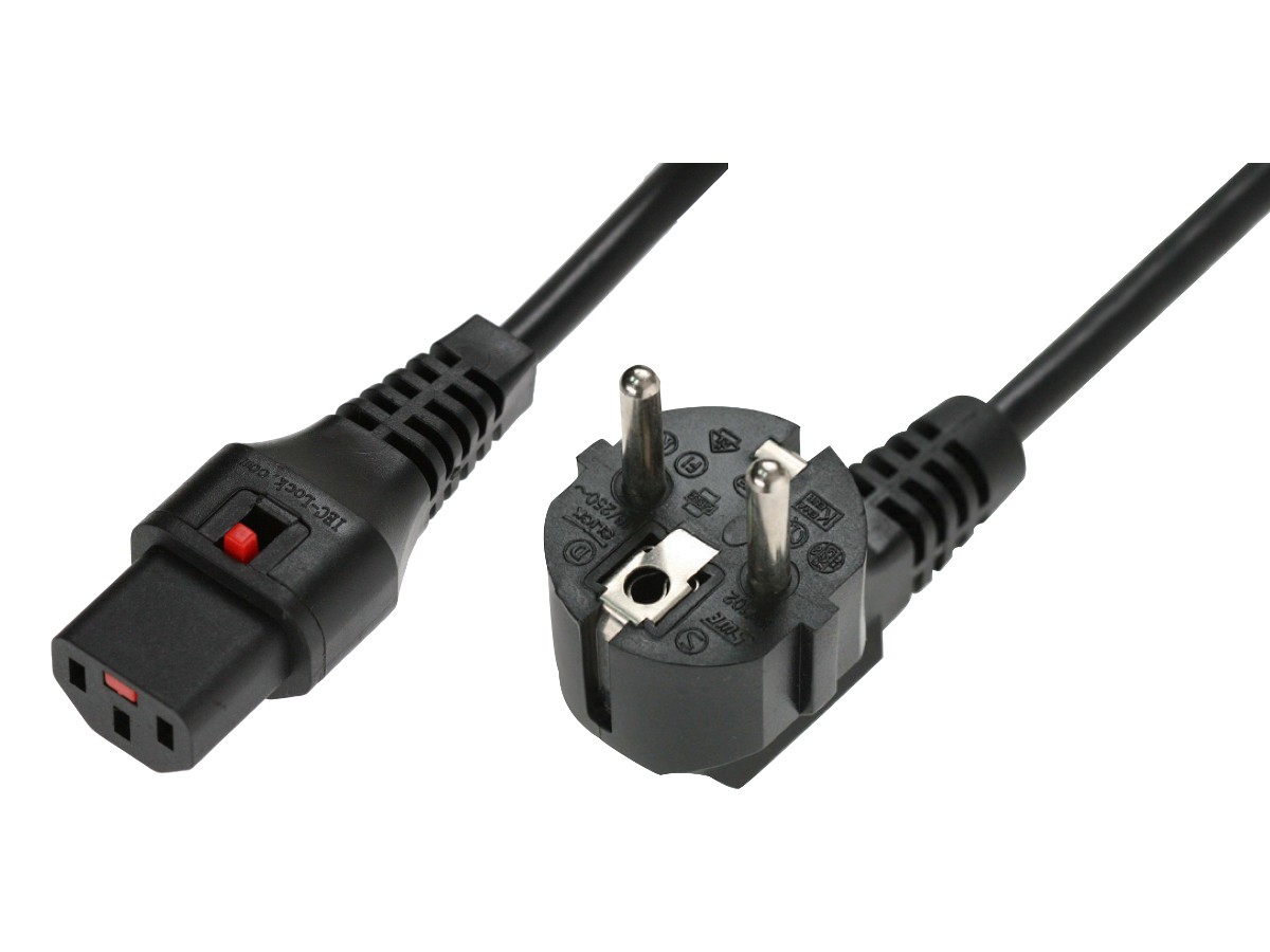 Kabel połączeniowy zasilający blokada IEC LOCK 3x1mm2 Schuko kątowy/C13 prosty M/Ż 1,5m Czarny