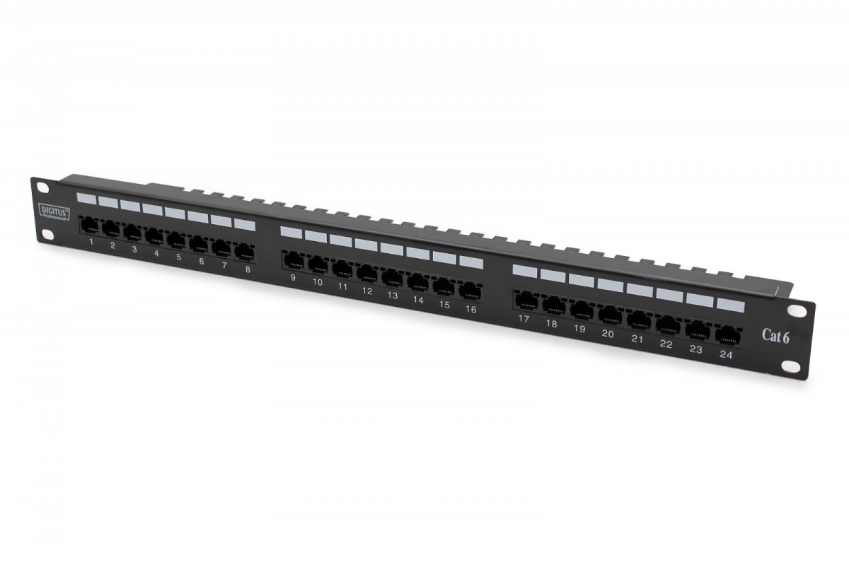 Panel krosowy (patch panel) 19'' 24x RJ45, LSA poziom, kat.6, nieekranowany, 1U, prowadnica kabli, pola opisowe, czarny