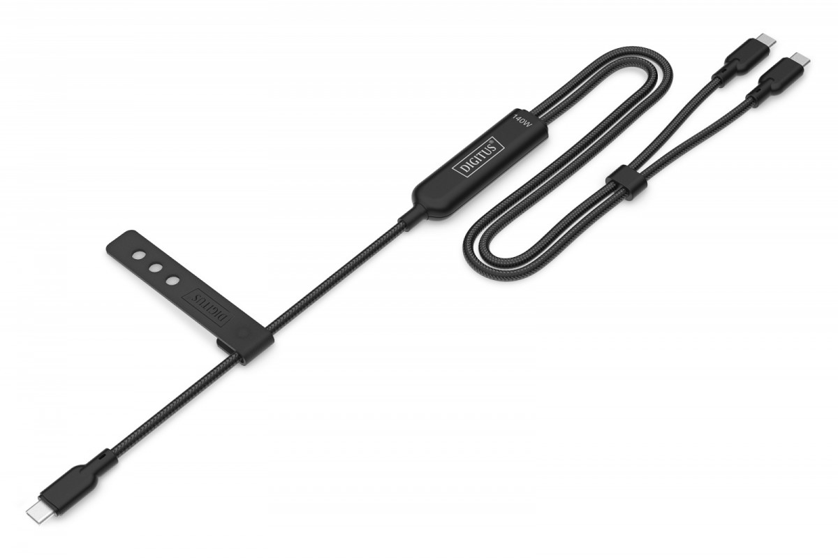 Kabel zasilający 2w1 USB-C - 2x USB-C, USB 2.0 140W PD 3.1, nylonowy, 1,8m czarny 