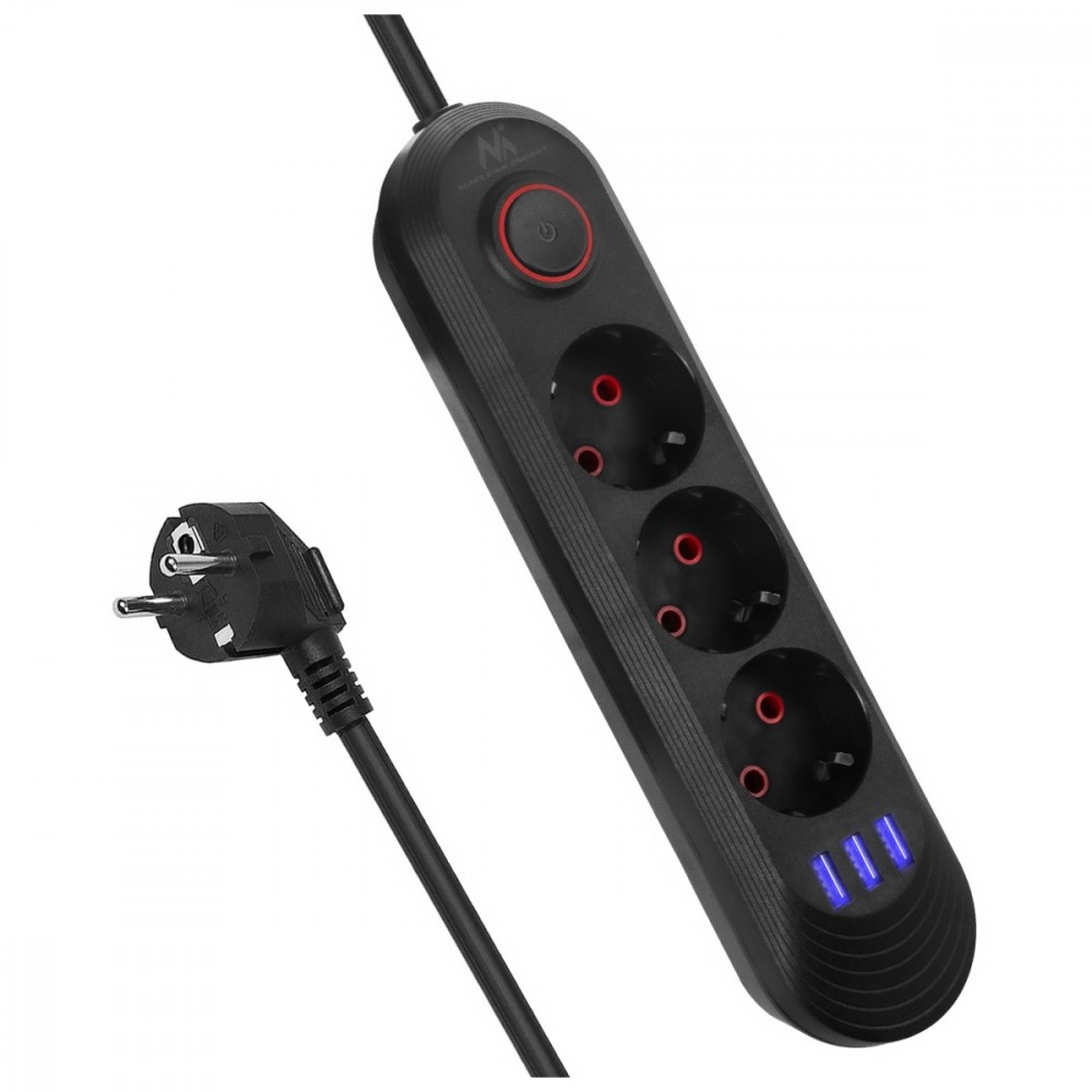 Listwa zasilająca MCE394 B, 1,5m|3 gniazda + 3xUSB. 110-240V AC 50/60Hz, 2.1A max 2500W, czarna