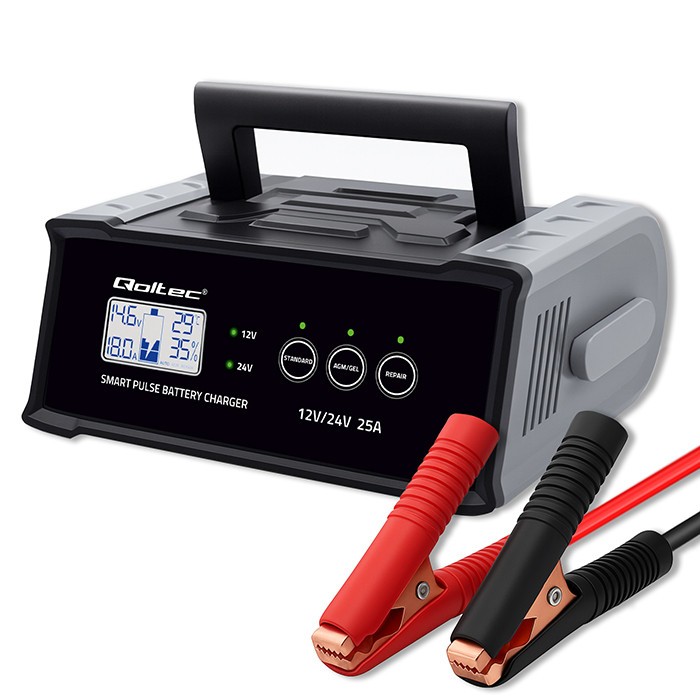 Mikroprocesorowa ładowarka 12V 24V 25A | Prostownik z funkcją naprawy do akumulatora AGM GEL SLA | LCD 