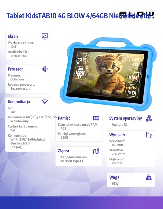 Tablet KidsTAB10 4G BLOW 4/64GB Niebieskie etui 