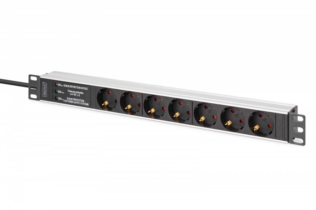 Listwa zasilająca PDU Rack 19" z zabezpieczeniem przeciwprzepięciowym + filtr EMI/RFI, 7 gniazd Schuko CEE 7/3, kabel 2m, wtyk Unischuko CEE 7/7, 16A,