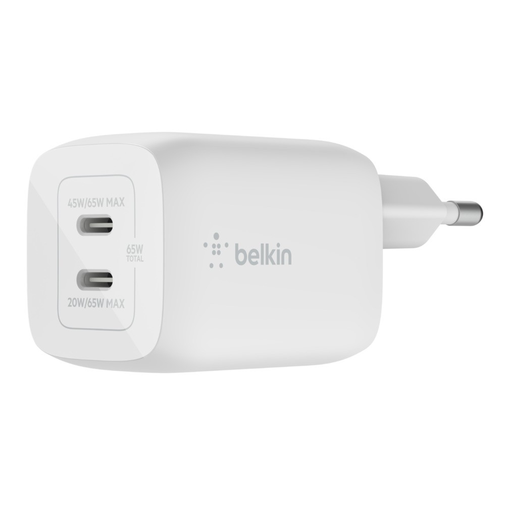 Podwójna ładowarka ścienna USB-C GaN z PPS 65 W Biała