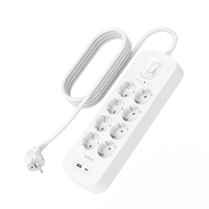 Listwa przeciwprzepięciowa SurgePlus 8x schuko 1xUSB-A 1xUSB-C 900J 2m 