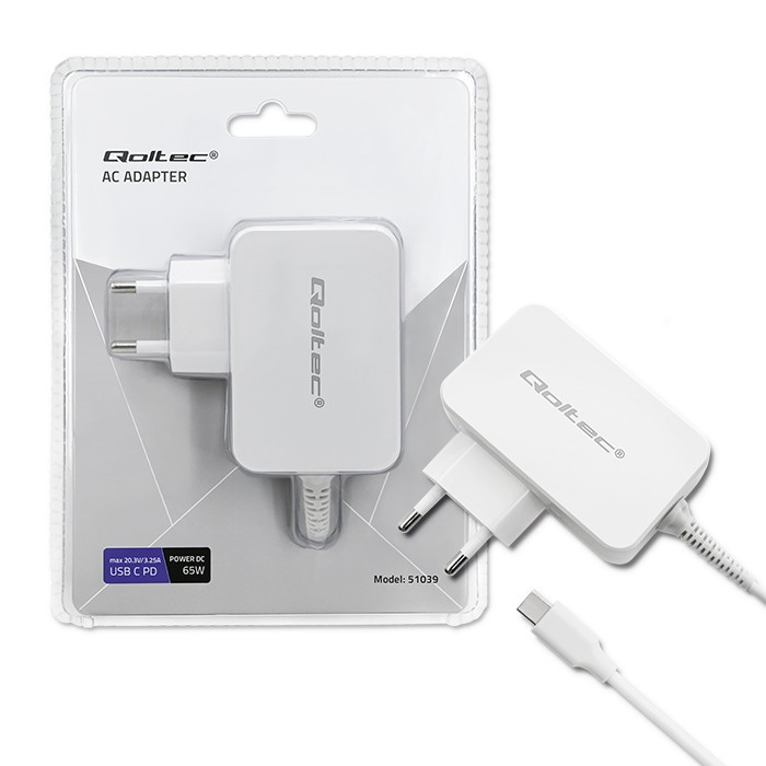 Zasilacz sieciowy 65W | 5-20.3V | 2-3.25A | USB typ C | PD |     Biały 