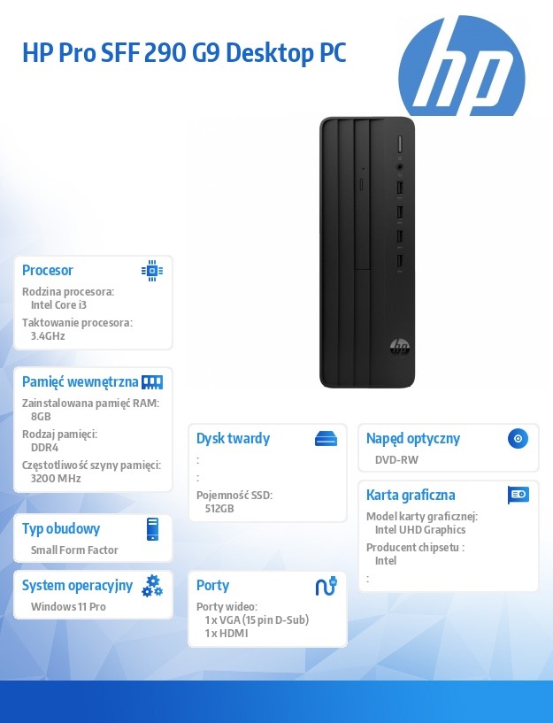 Komputer Pro SFF 290 G9 i3-13100 512GB/8GB/DVD/W11P 935Z8EA