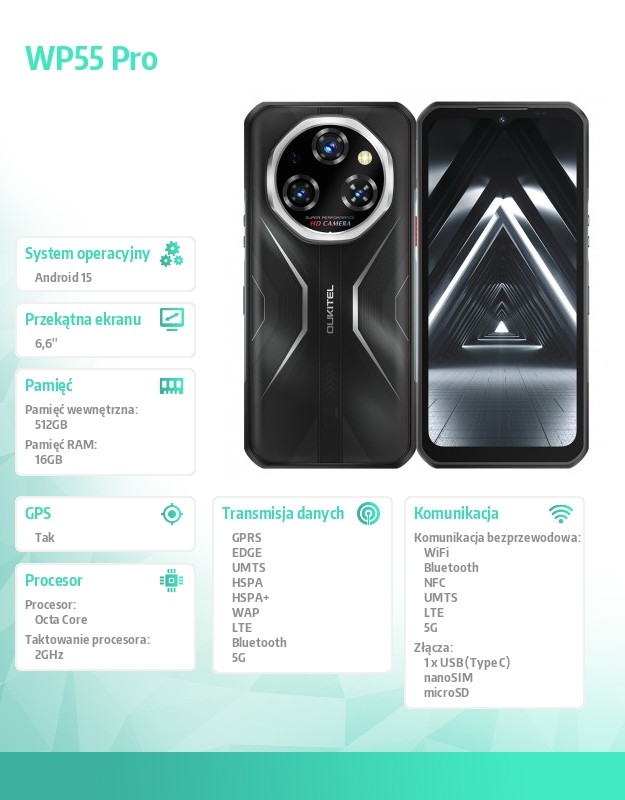 Smartfon WP55 Pro 5G 16/512GB IP69K czarny