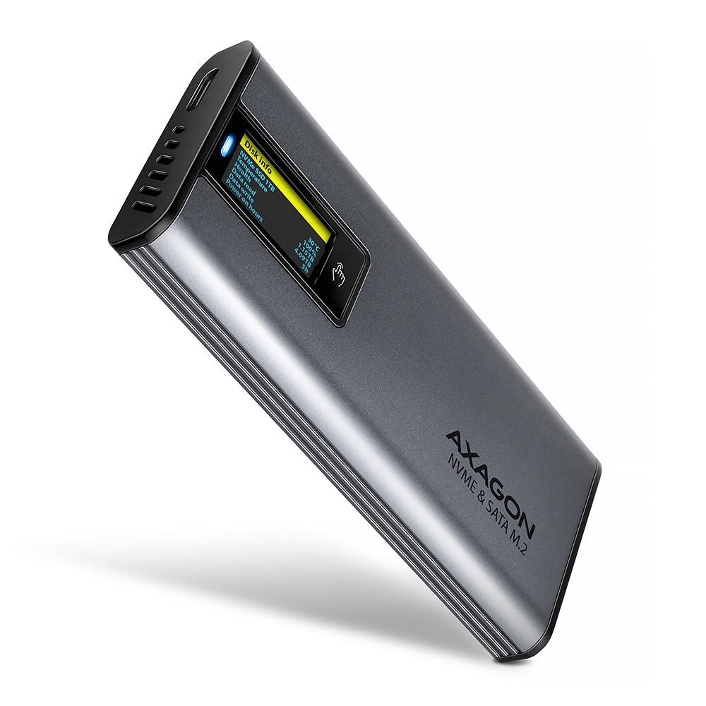 EEM2-SD2 Obudowa zewnętrzna aluminiowa bezśrubowa USB-A/C 3.2 Gen2 M.2 NVMe/SATA display LCD