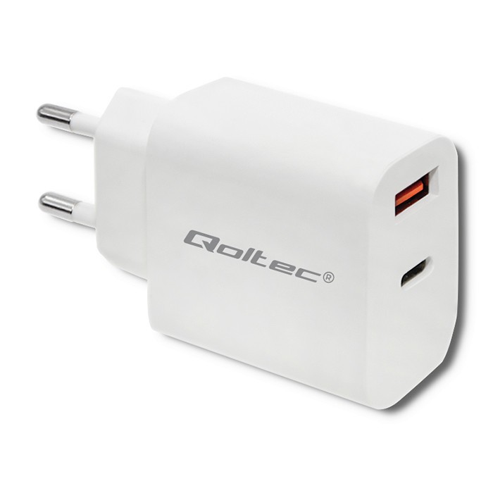 Ładowarka sieciowa | 18W | 5-12V | 1.5-3A | USB typ C PD |  USB QC 3.0 | Biała 