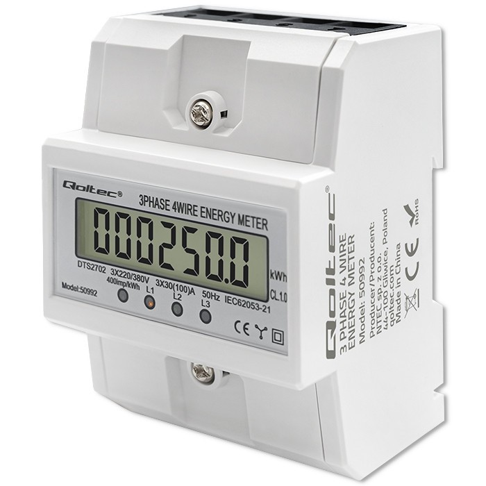 Trójfazowy elektroniczny licznik | miernik zużycia energii na szynę DIN | 400V | 100A | LCD | 4P 