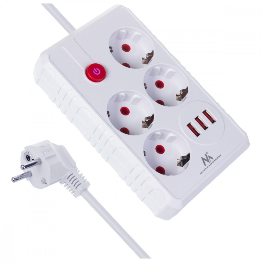 Listwa zasilająca MCE392 W 4 gniazda 3xUSB, 110-240V AC 50/60Hz, 2.1A max 2500W 1,5m biała