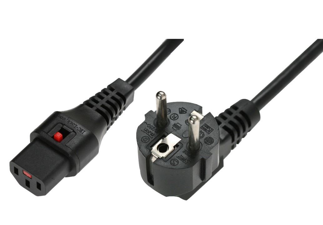Kabel połączeniowy zasilający blokada IEC LOCK 3x1mm2 Schuko kątowy/C13 prosty M/Ż 2m czarny