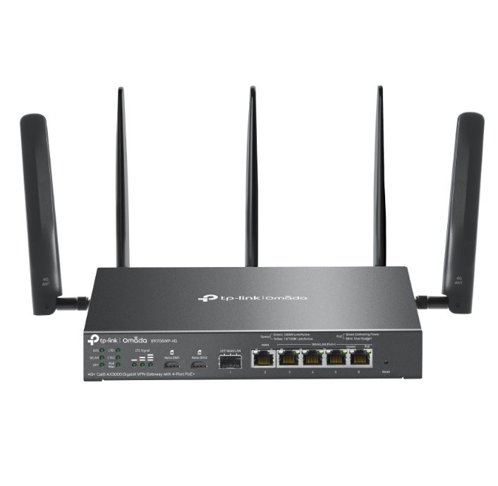 Brama sieciowa gigabitowa ER706WP-4G Omada 4G+ Cat6 AX3000 VPN 4-Port PoE+ 1× Gigabit SFP WAN/LAN, 1× Gigabit RJ45 WAN, 4× Gigabit WAN/LAN ER706WP-4G 