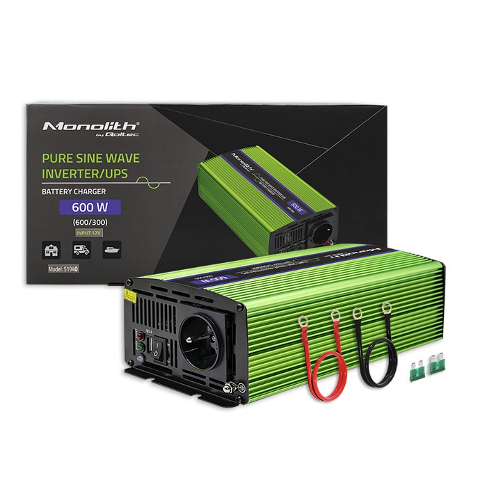 Przetwornica napięcia Monolith | ładowanie baterii | UPS | 300W |600W | 12V na 230V | Czysty Sinus 