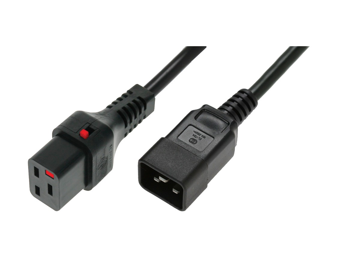 Kabel zasilający serwerowy blokada IEC LOCK 3x1,5mm2 C20 prosty/C19 prosty M/Ż 3m Czarny