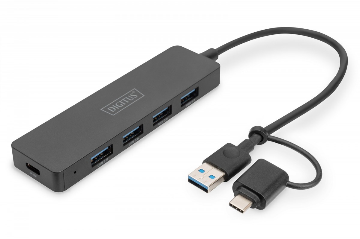 Hub USB 3.0/Koncentrator 4-portowy SlimLine USB A + adapter USB-C 5Gbps, złącze zasilania USB-C 