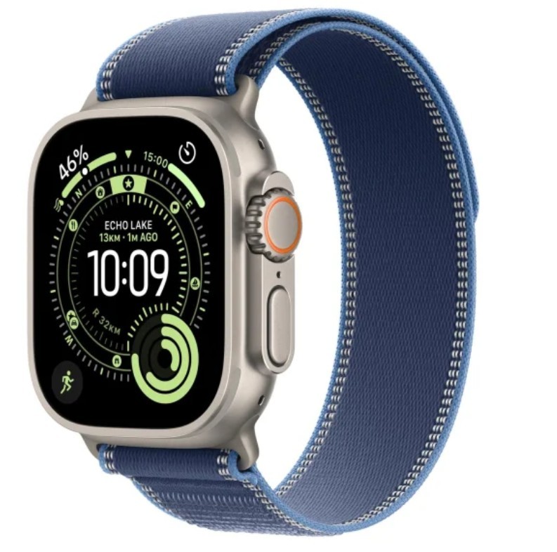 Watch Ultra 3 GPS + Cellular, koperta 49 mm z tytanu w kolorze naturalnym, opaska Trail w kolorze niebieskim/jaskrawoniebieskim - rozmiar S/M