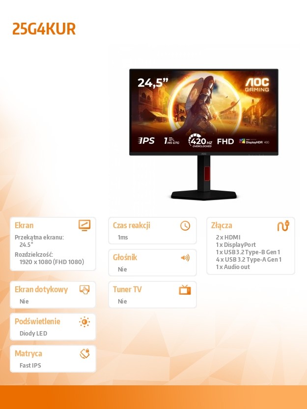 Monitor 25G4KUR 24.5 cala IPS 420Hz HDMIx2 DP Pivot 