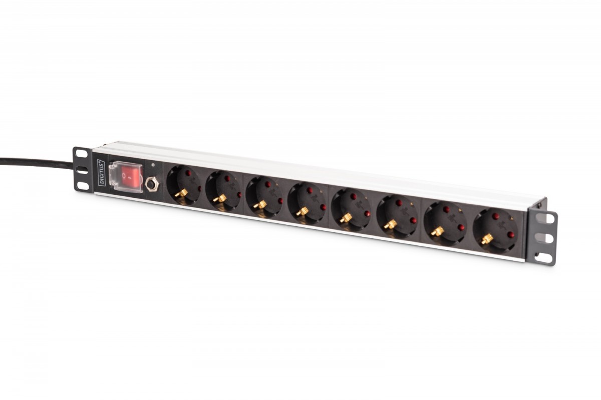 Listwa zasilająca PDU Rack 19" z zabezpieczeniem przeciążeniowym, 8 gniazd Schuko CEE 7/3 (45°), kabel 2m wtyk Unischuko, 16A, aluminiowa