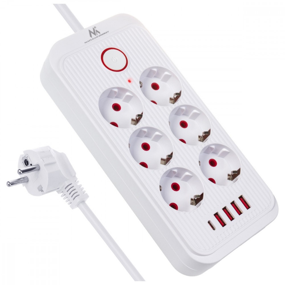Listwa zasilająca MCE389 W 6 gniazd 4xUSB-A 1xUSB-C 110-240V, AC 50/60Hz, 2.1A max 2500W biała