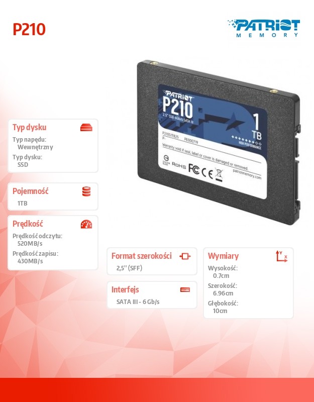 Dysk SSD 1TB P210 520/430 MB /s SATA III 2.5 